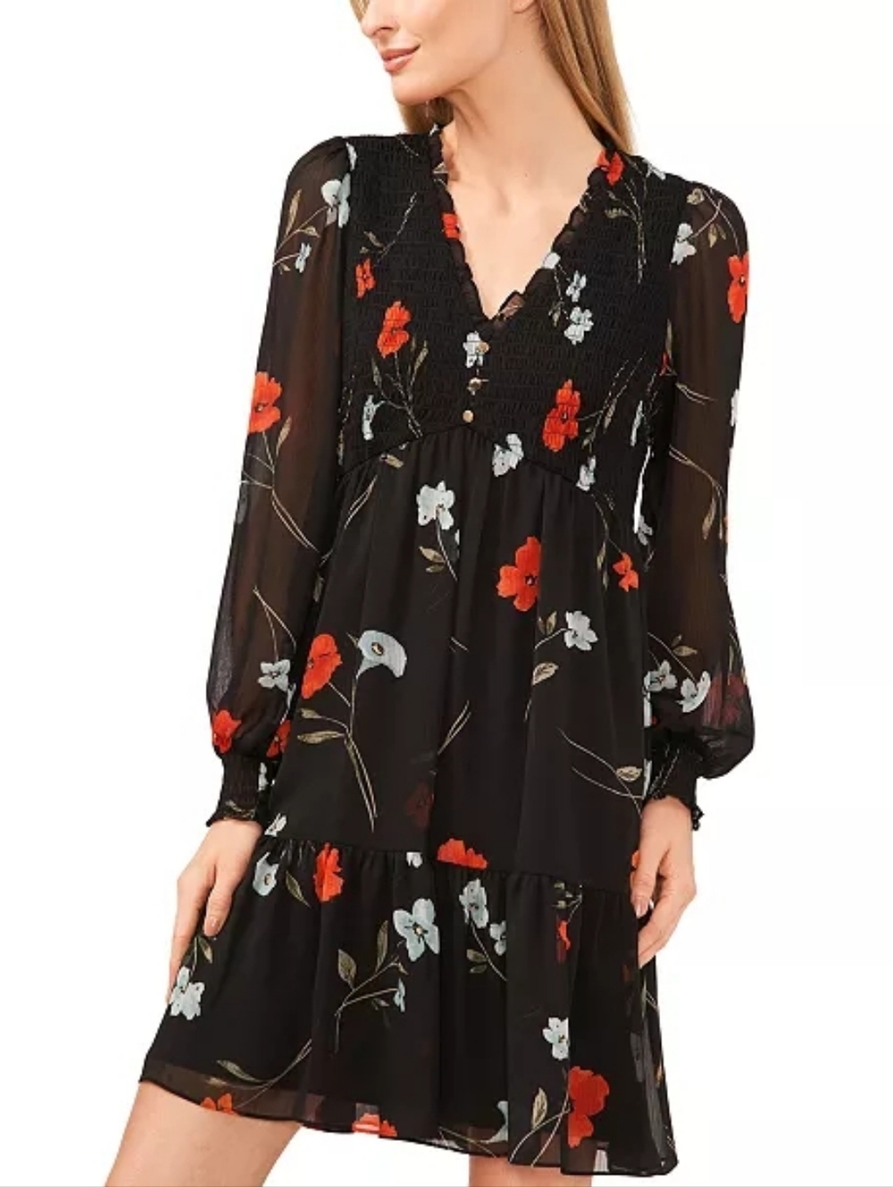 CeCe Black Floral Long-Sleeve Smocked V-Neck Tiered Dress. NWOT Size PM